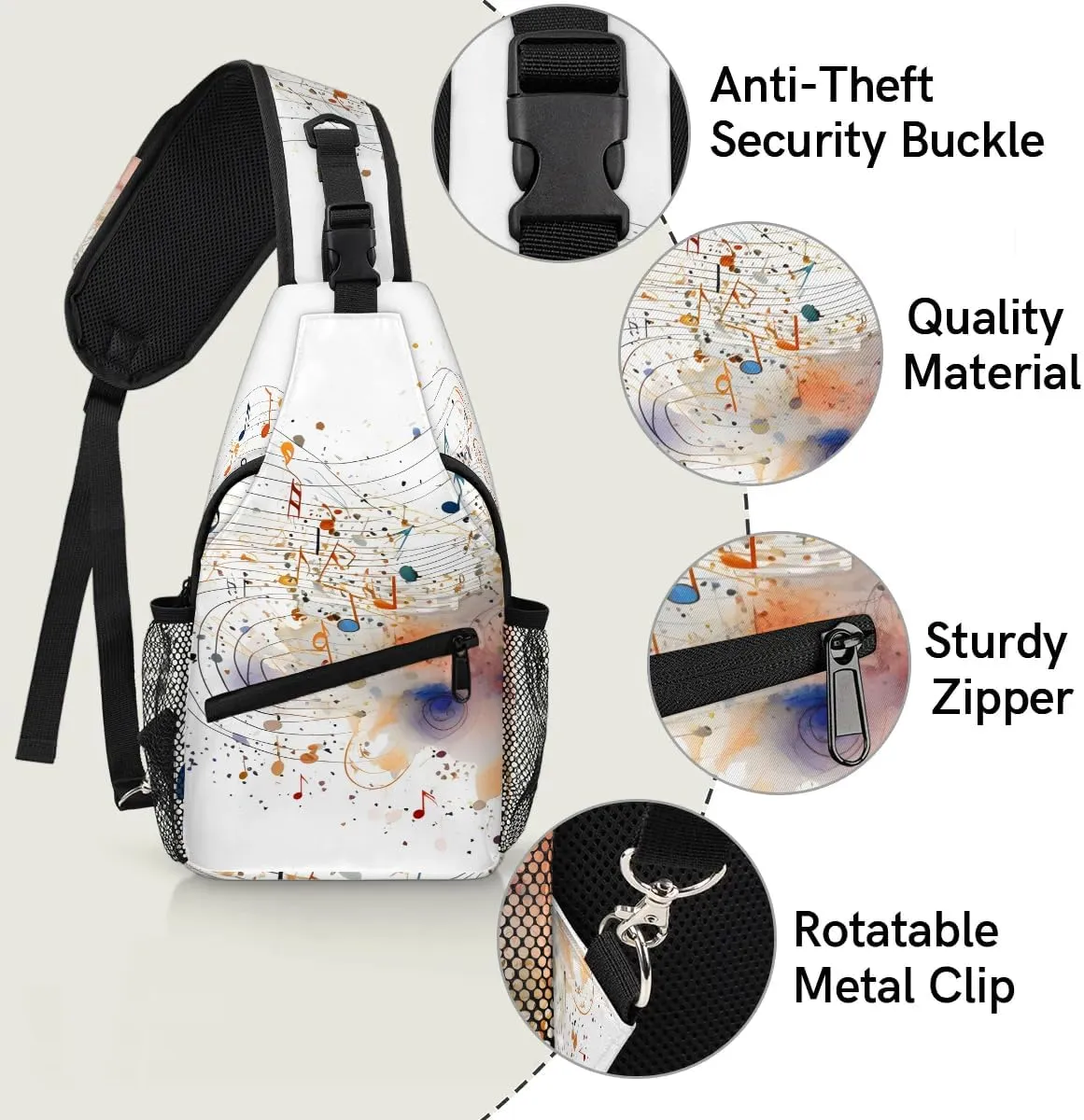 Colorful Music Note Print Sling Bag for Women Men, Waterproof Crossbody Sling Backpack Travel Outdoor Sports Chest Bag