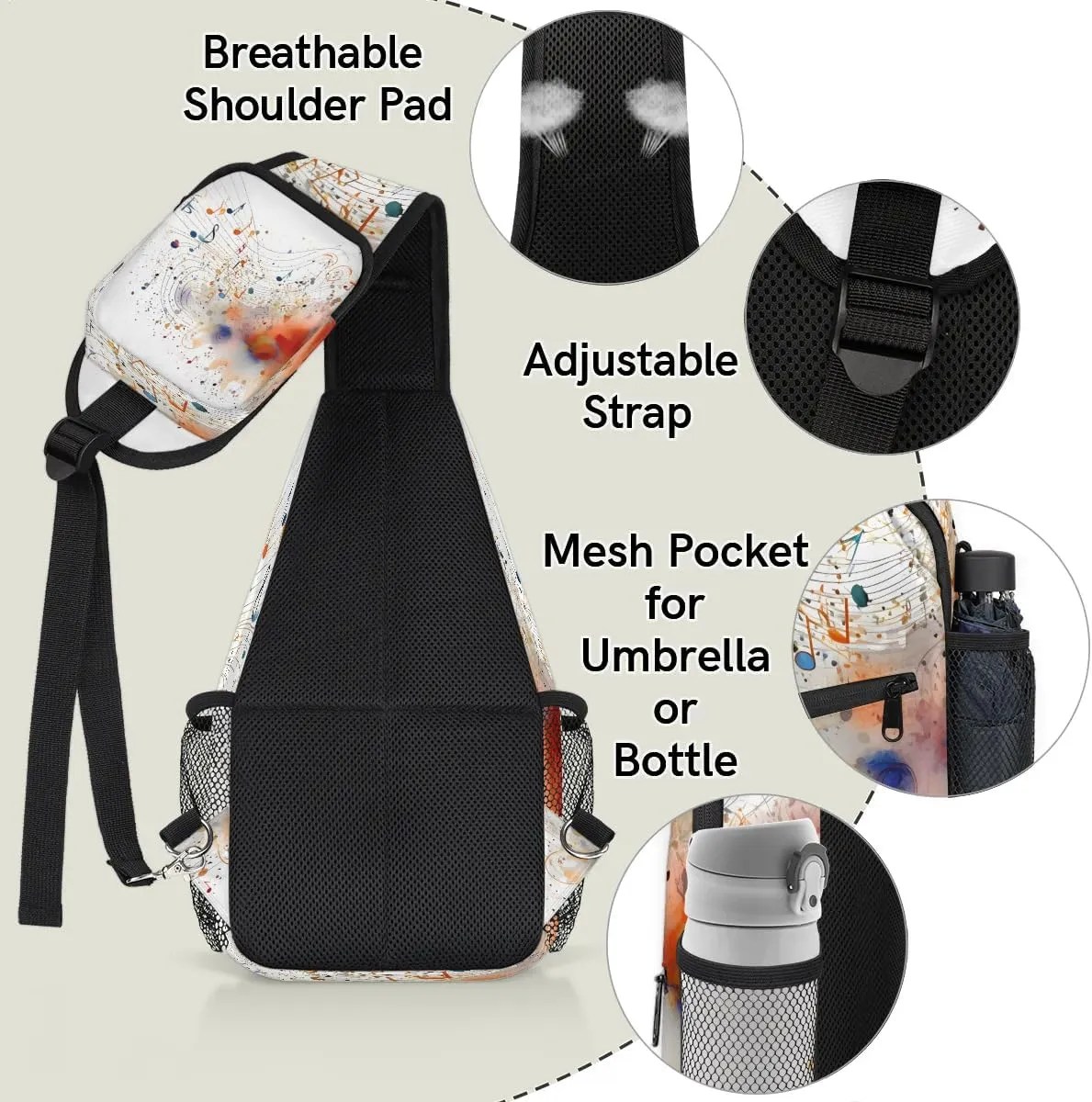 Colorful Music Note Print Sling Bag for Women Men, Waterproof Crossbody Sling Backpack Travel Outdoor Sports Chest Bag