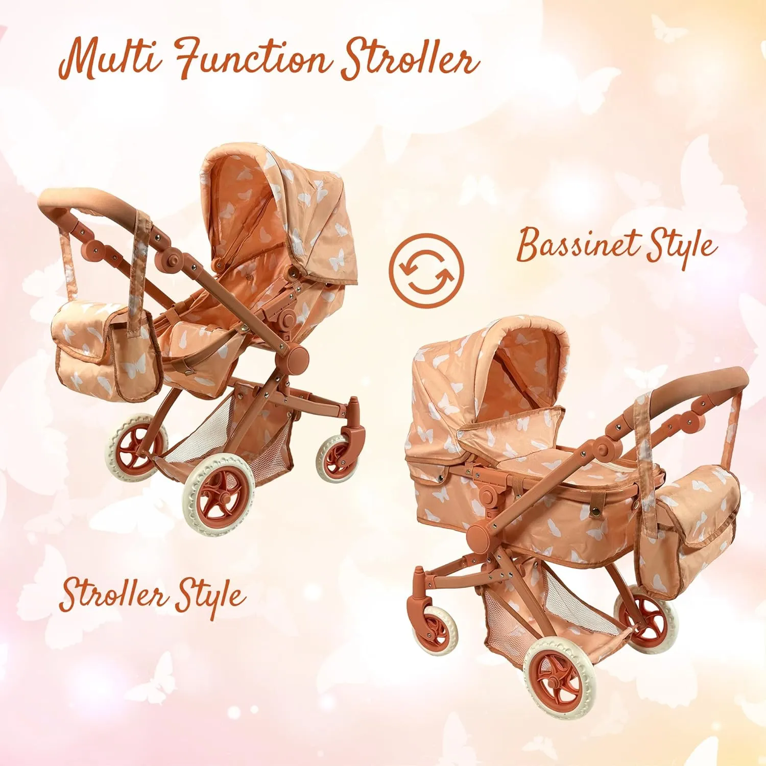 Convertible Combo Baby Doll Stroller for 3 Year Old Girls & Up | Play Toy Baby Stroller for Dolls, Folding Adjustable Bassinet Carriage Buggy with Storage Basket (Beige Butterfly)