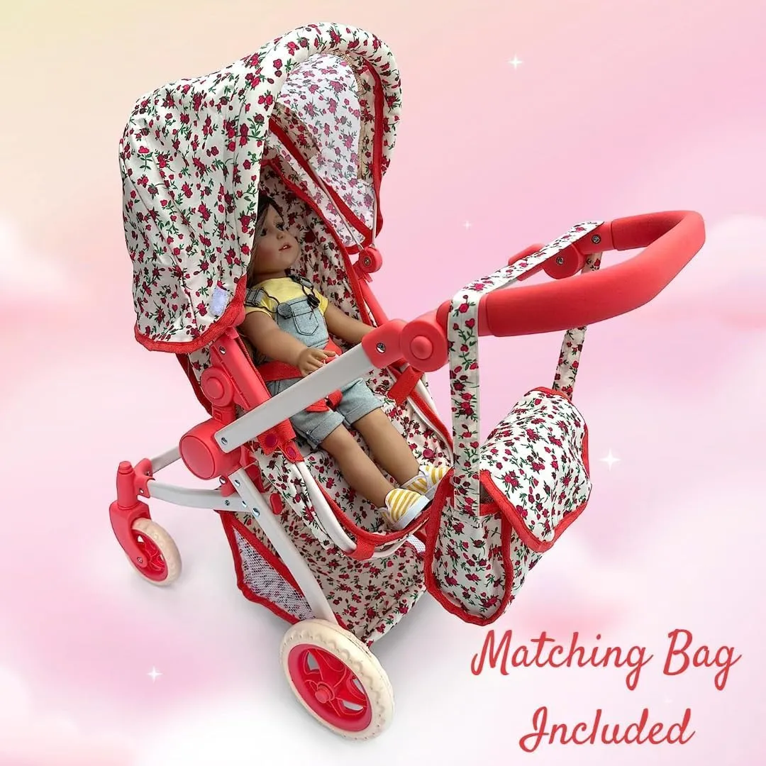 Convertible Combo Baby Doll Stroller for 3 Year Old Girls & Up | Play Toy Baby Stroller for Dolls, Folding Adjustable Bassinet Carriage Buggy with Storage Basket Converts to Sit Up Pushcart Pram, Red