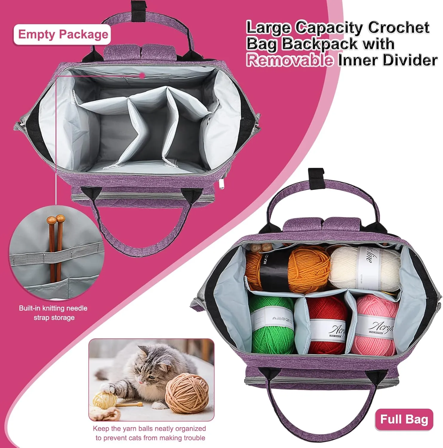 Coopay Knitting Bag Backpack Crochet Bag, Large Yarn Bag Travel Yarn Backpack, Portable Yarn Storage Organizer for Carrying Crochet Hooks, Knitting Needles, Yarn, Knitting & Crochet Supplies-Bag Only