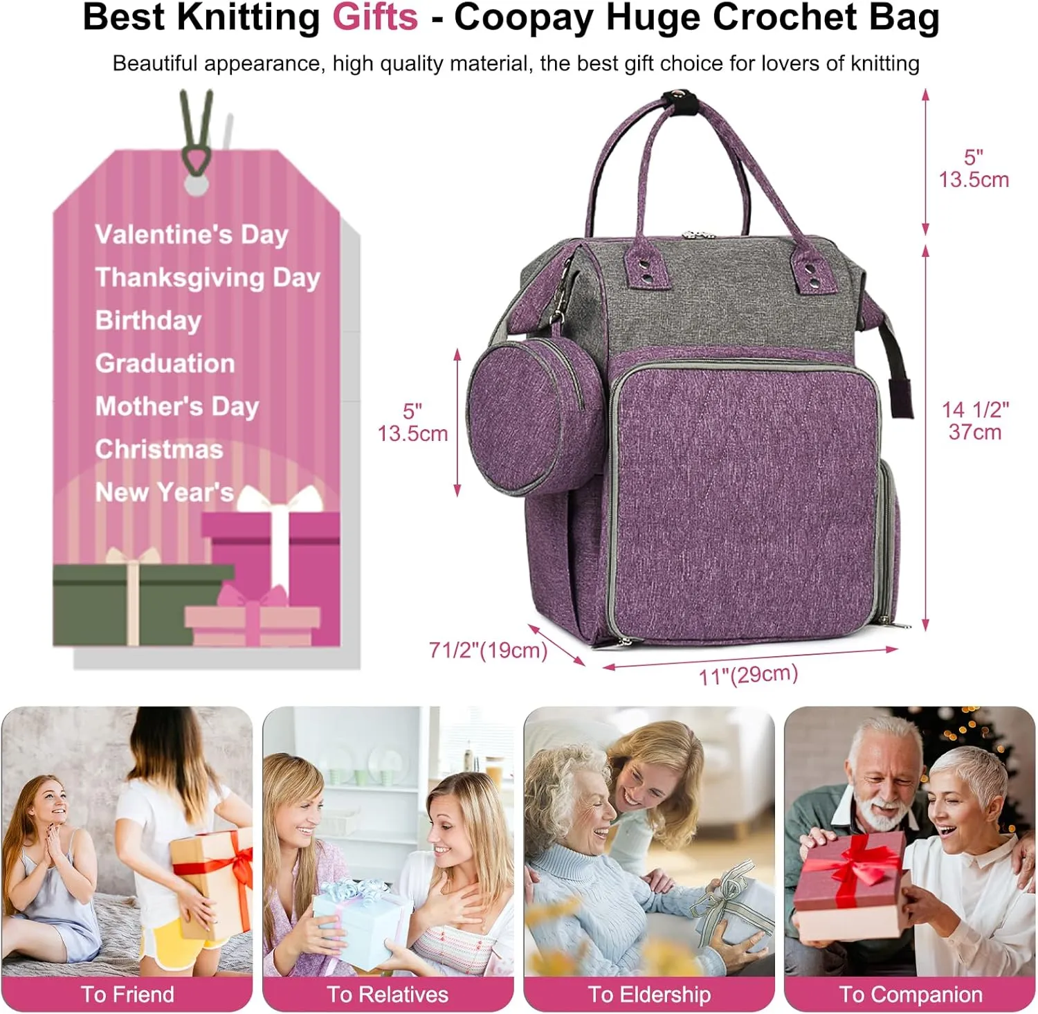 Coopay Knitting Bag Backpack Crochet Bag, Large Yarn Bag Travel Yarn Backpack, Portable Yarn Storage Organizer for Carrying Crochet Hooks, Knitting Needles, Yarn, Knitting & Crochet Supplies-Bag Only