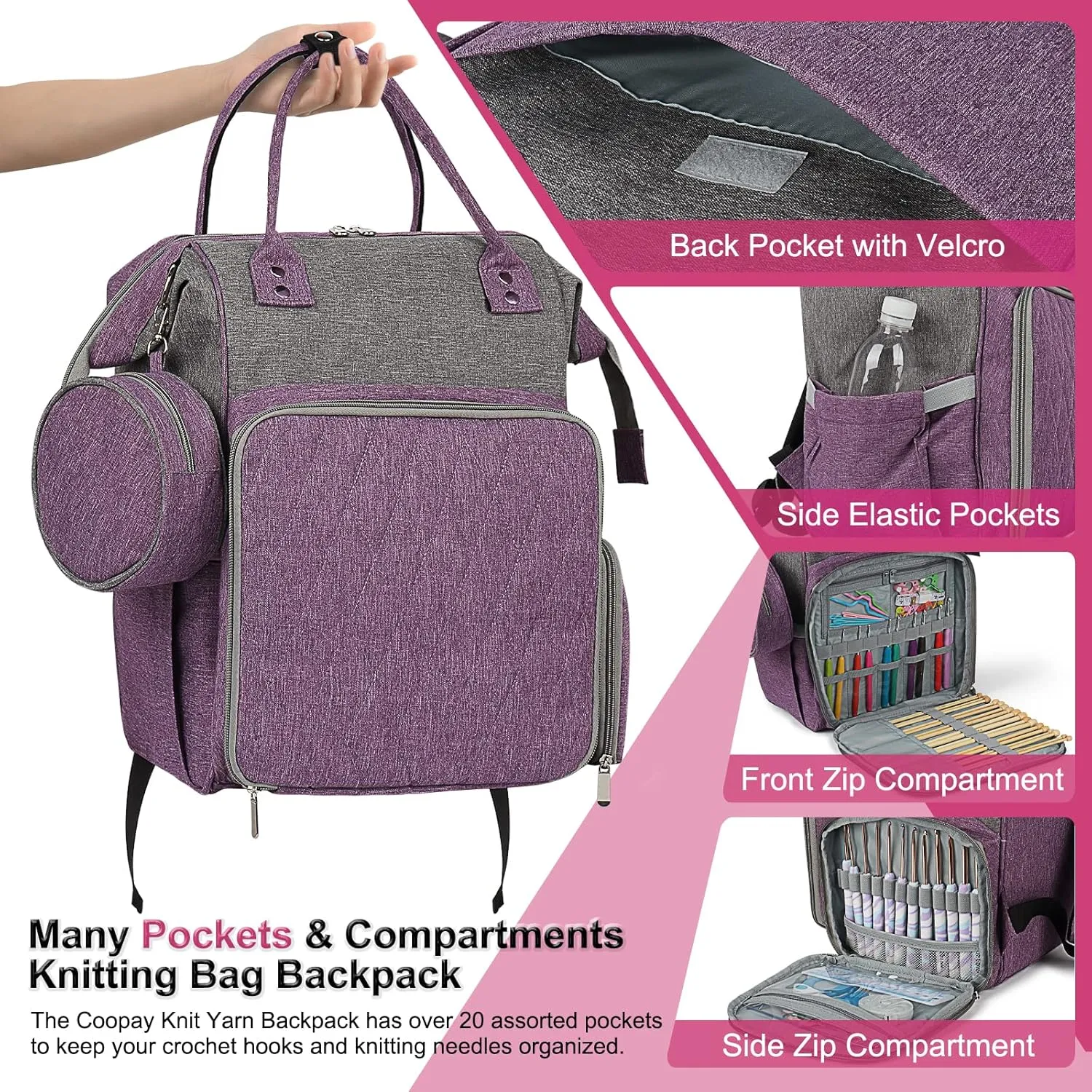 Coopay Knitting Bag Backpack Crochet Bag, Large Yarn Bag Travel Yarn Backpack, Portable Yarn Storage Organizer for Carrying Crochet Hooks, Knitting Needles, Yarn, Knitting & Crochet Supplies-Bag Only