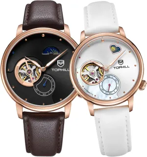 Couple Watches Men and Women, Automatic Casual Dress Wrist Watch, Calf-Leather Band, Day& Night Display, His and Her Gifts(Brown1 White)