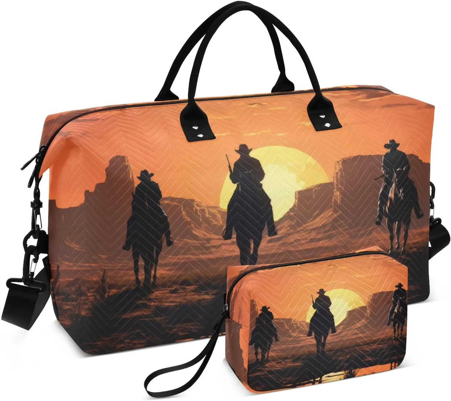 Cowboys Horseback Silhouetted Large Travel Duffel Bag, Sports Tote Gym Bag, Shoulder Weekender Overnight Bag for Women Men, Carry On Luggage with Toiletry Bags