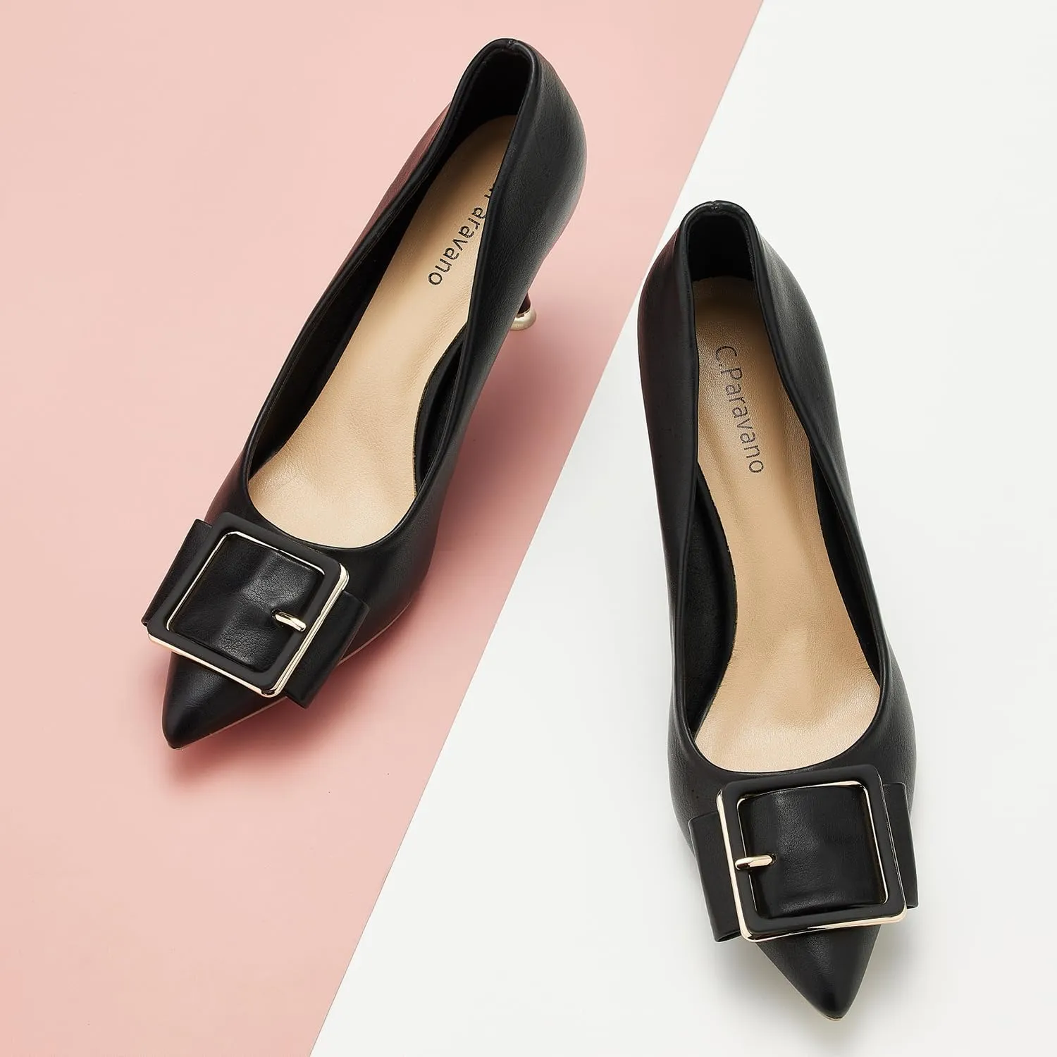 C.Paravano Women's Square Buckle Stiletto Pumps - Pointed Toe High Heels for Office Wear, Evening Parties, Weddings & Business Events