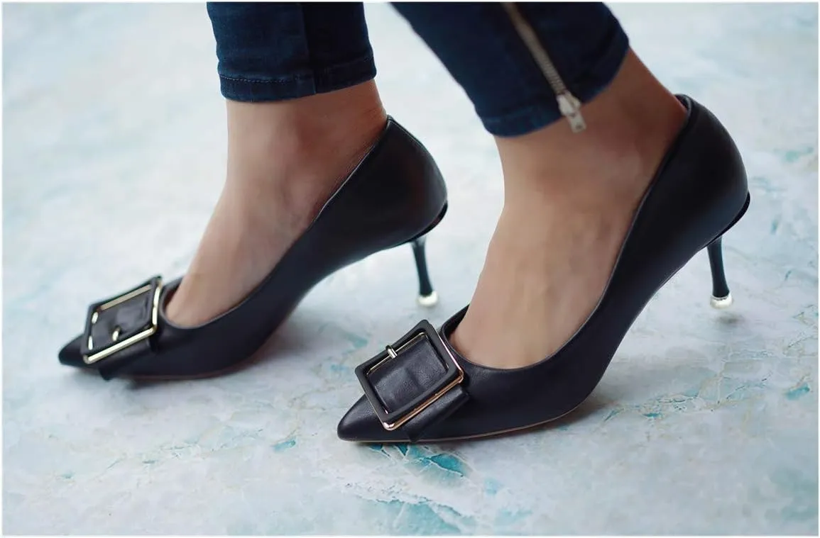 C.Paravano Women's Square Buckle Stiletto Pumps - Pointed Toe High Heels for Office Wear, Evening Parties, Weddings & Business Events