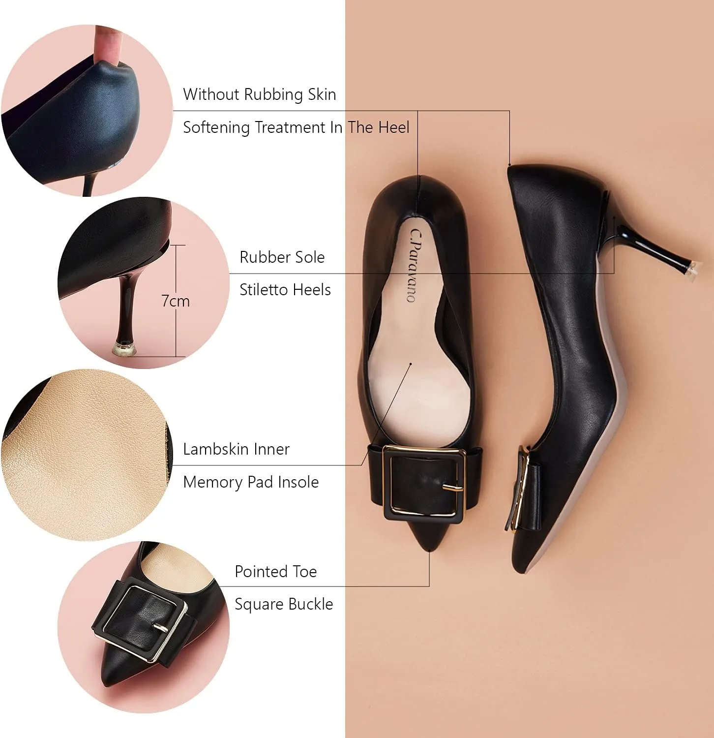 C.Paravano Women's Square Buckle Stiletto Pumps - Pointed Toe High Heels for Office Wear, Evening Parties, Weddings & Business Events