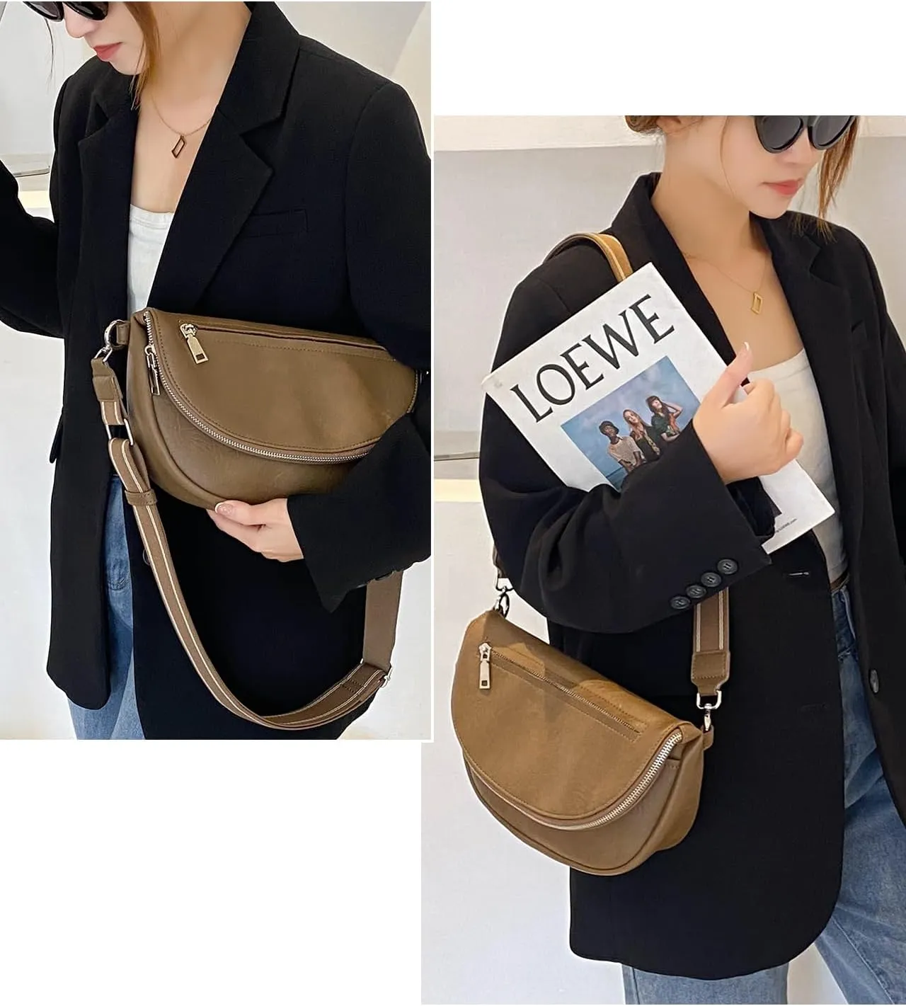 Crescent Bag for Women and Men, Fashion Medium PU Leather Folding Crescent Moon Bag Single Shoulder Bag with Adjustable Strap (Z-PU-Coffee color)