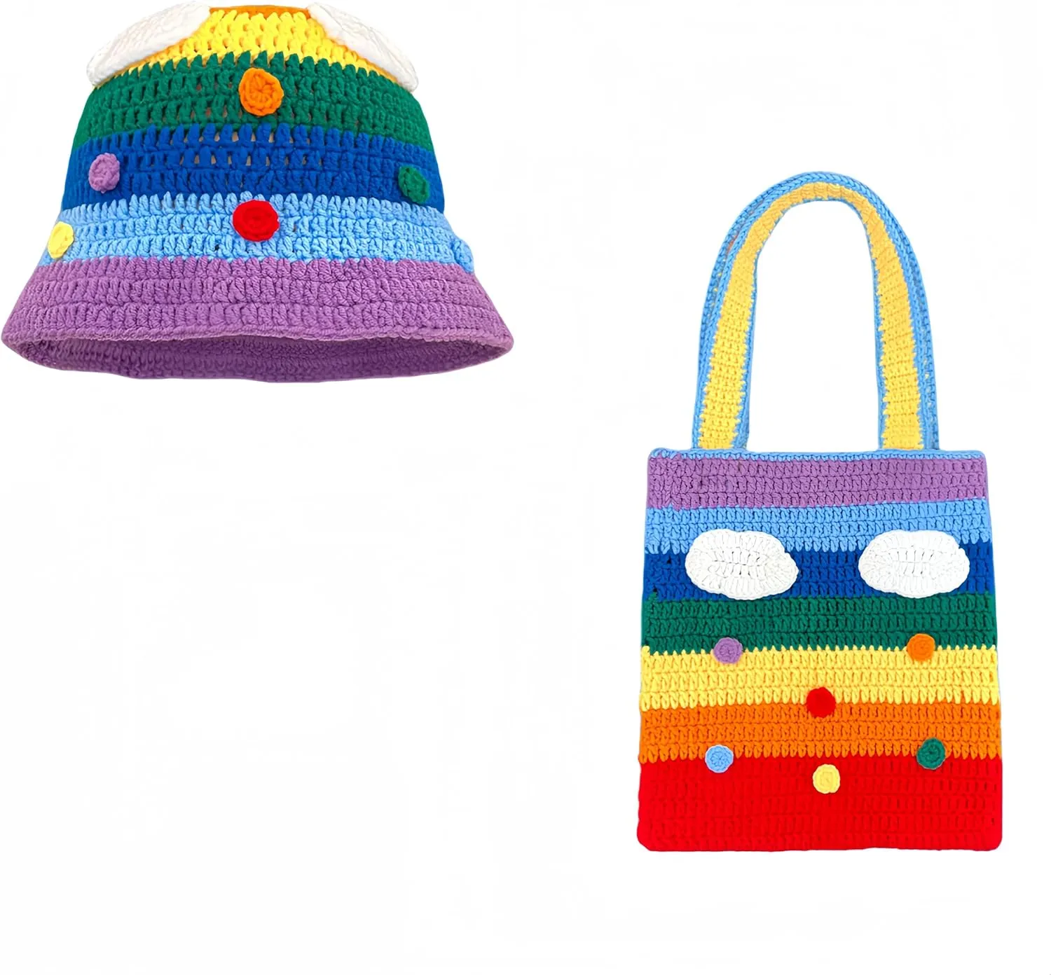 Crochet Bucket Hat and Bag Set for Women, Rainbow Cloud Knit Hat & Tote, Beach Hat, Trendy Knit Hats for Women, Y2K Beanie Set for Travel