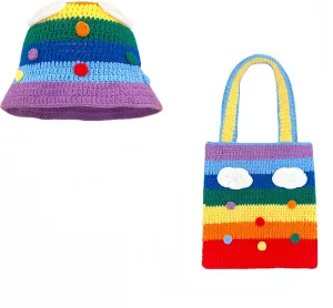 Crochet Bucket Hat and Bag Set for Women, Rainbow Cloud Knit Hat & Tote, Beach Hat, Trendy Knit Hats for Women, Y2K Beanie Set for Travel