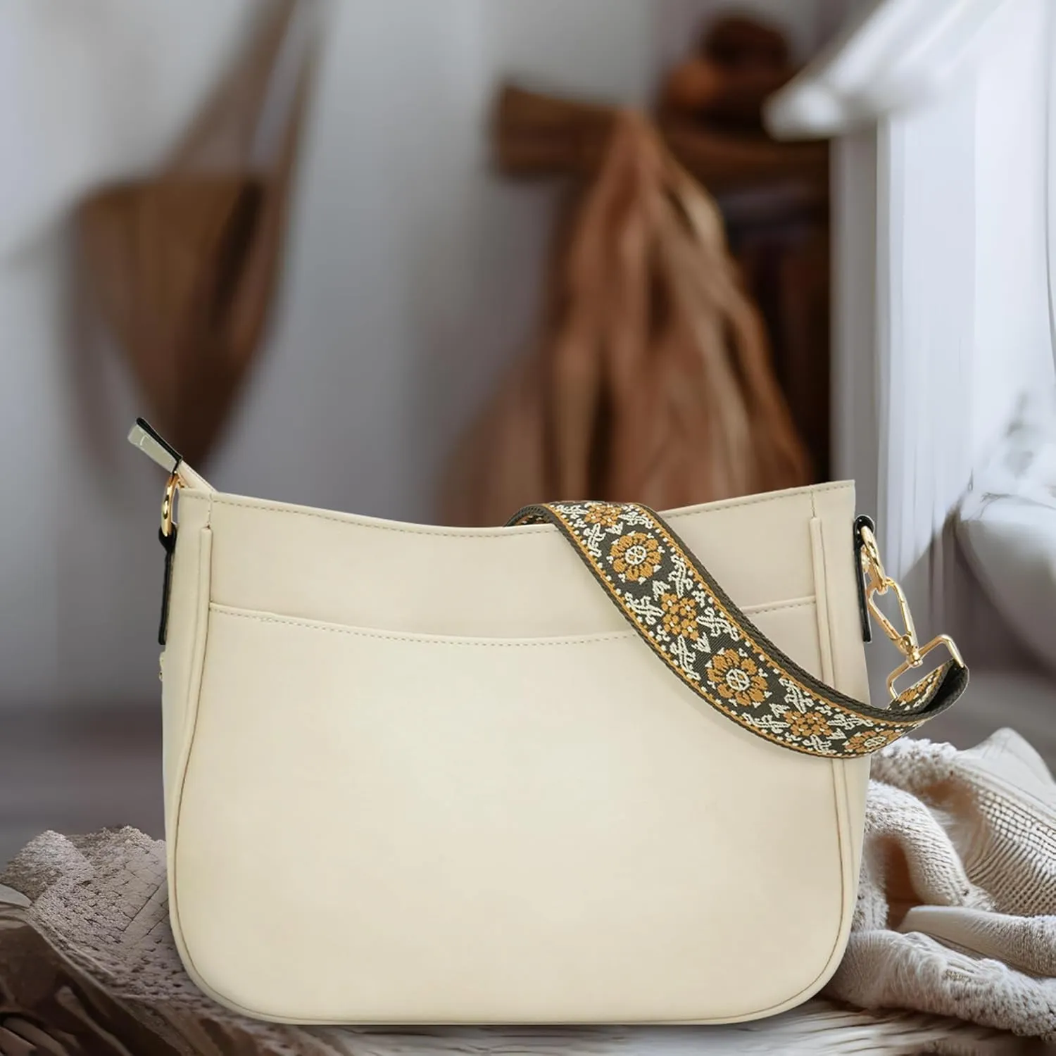 Crossbody Bag for Women Bohemian Vintage Stylish Purse Vegan Leather Shoulder Bag with Adjustable Wide Strap