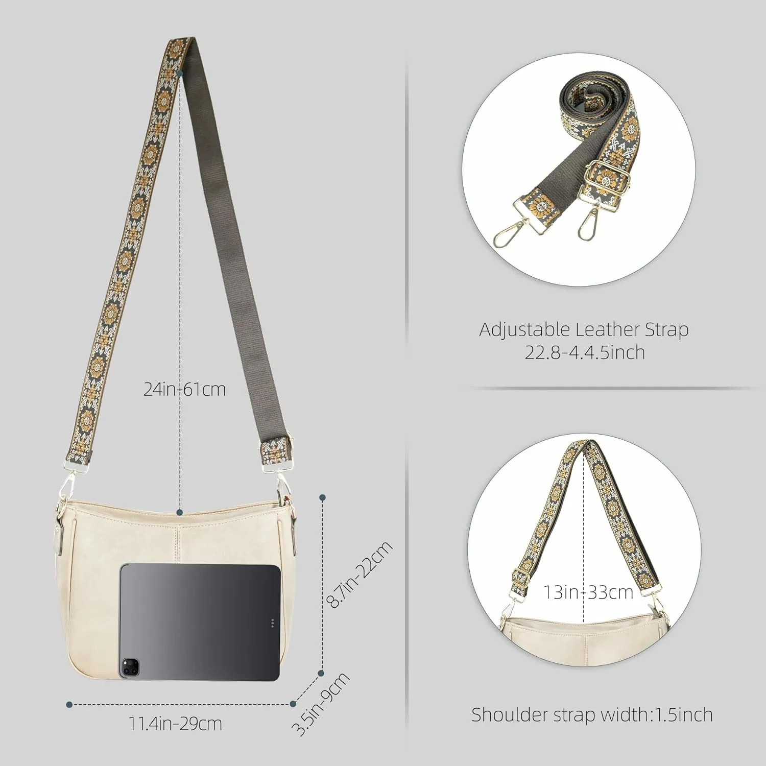 Crossbody Bag for Women Bohemian Vintage Stylish Purse Vegan Leather Shoulder Bag with Adjustable Wide Strap