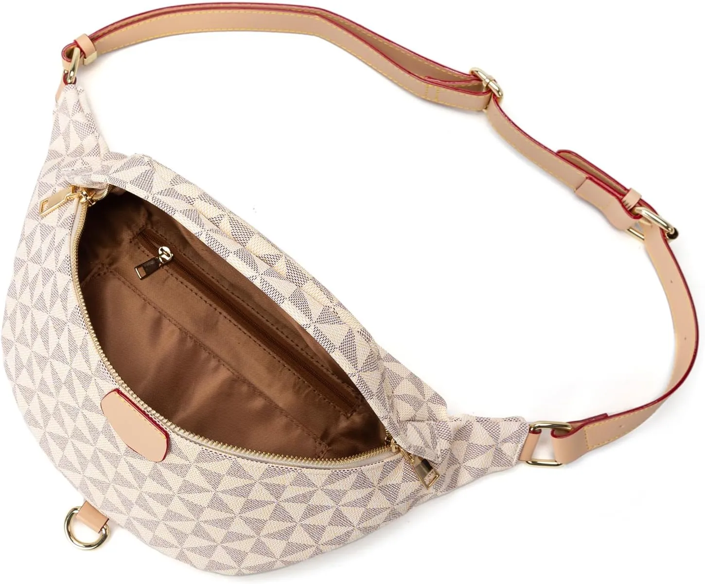 Crossbody Sling Bag for Women Fanny Pack with Adjustable Strap Large Opening Two-Way Zipper Closure Chest Bag Trendy Checkered Belt Bag for Daily Shopping Travel (Apricot white)