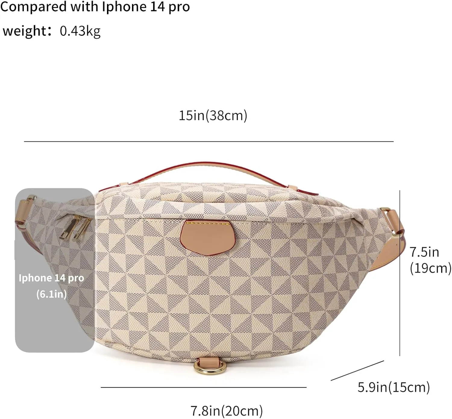 Crossbody Sling Bag for Women Fanny Pack with Adjustable Strap Large Opening Two-Way Zipper Closure Chest Bag Trendy Checkered Belt Bag for Daily Shopping Travel (Apricot white)