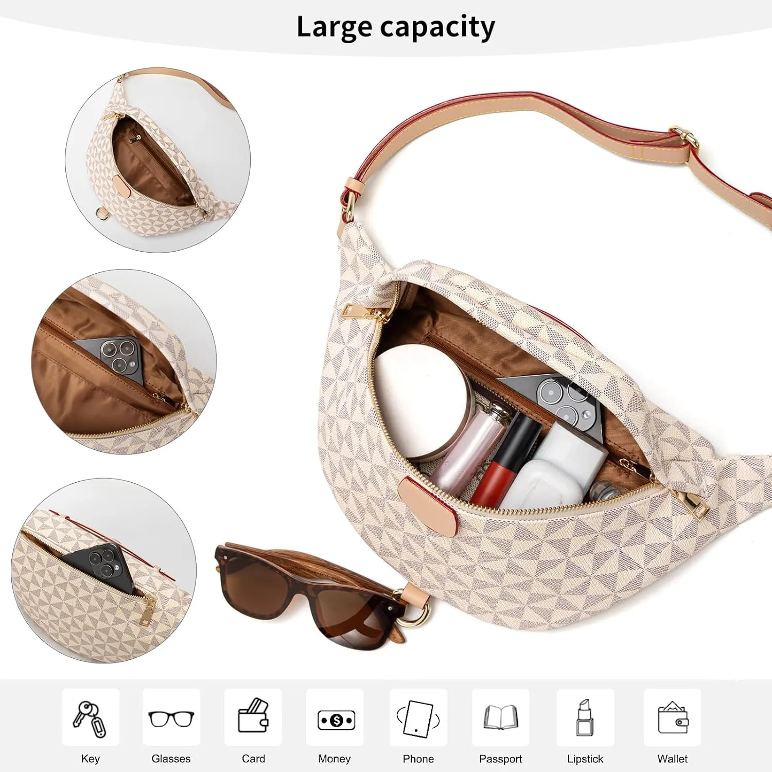 Crossbody Sling Bag for Women Fanny Pack with Adjustable Strap Large Opening Two-Way Zipper Closure Chest Bag Trendy Checkered Belt Bag for Daily Shopping Travel (Apricot white)