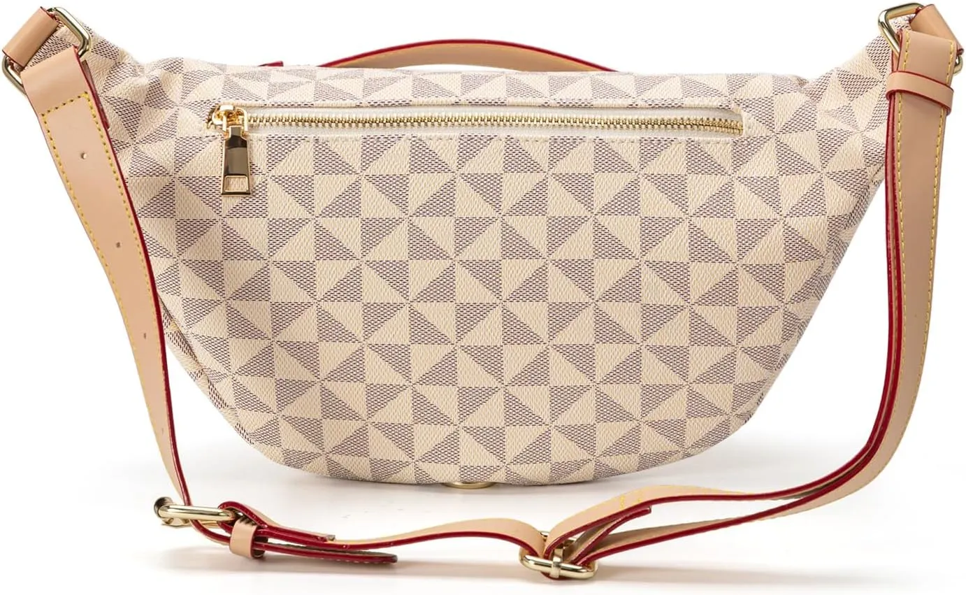 Crossbody Sling Bag for Women Fanny Pack with Adjustable Strap Large Opening Two-Way Zipper Closure Chest Bag Trendy Checkered Belt Bag for Daily Shopping Travel (Apricot white)