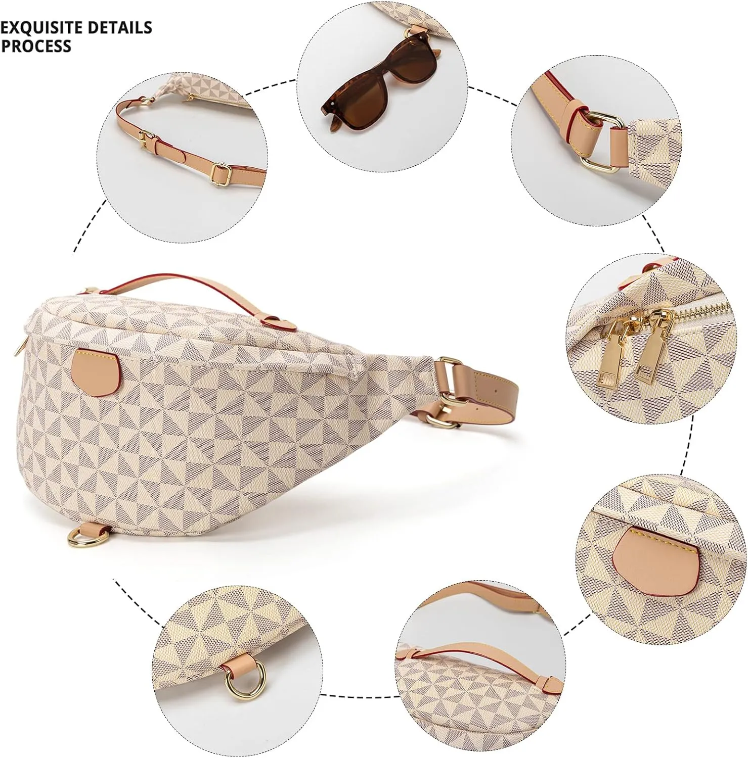 Crossbody Sling Bag for Women Fanny Pack with Adjustable Strap Large Opening Two-Way Zipper Closure Chest Bag Trendy Checkered Belt Bag for Daily Shopping Travel (Apricot white)