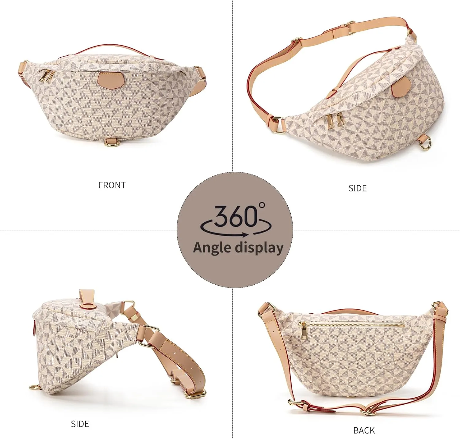 Crossbody Sling Bag for Women Fanny Pack with Adjustable Strap Large Opening Two-Way Zipper Closure Chest Bag Trendy Checkered Belt Bag for Daily Shopping Travel (Apricot white)