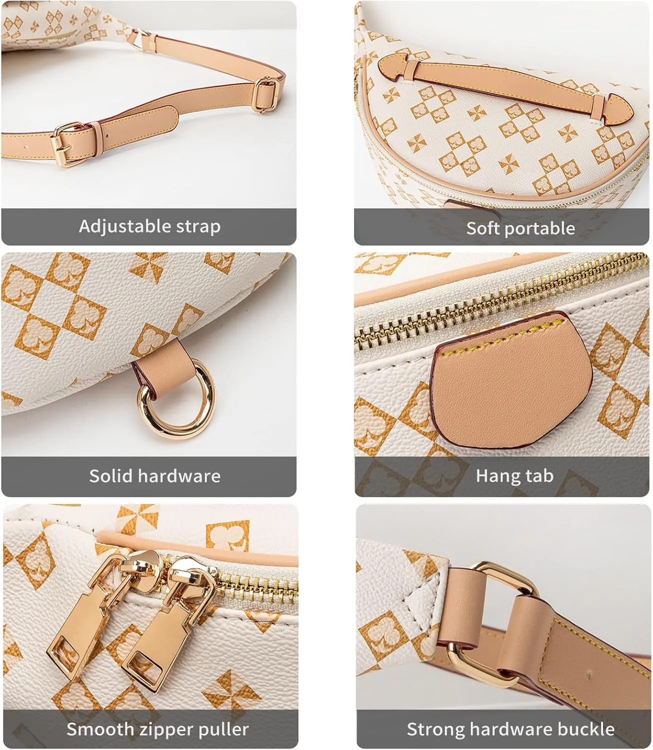 Crossbody Sling Bag for Women Fanny Pack with Adjustable Strap Large Opening Two-Way Zipper Closure Chest Bag Trendy Checkered Belt Bag for Daily Shopping Travel (Pure white)