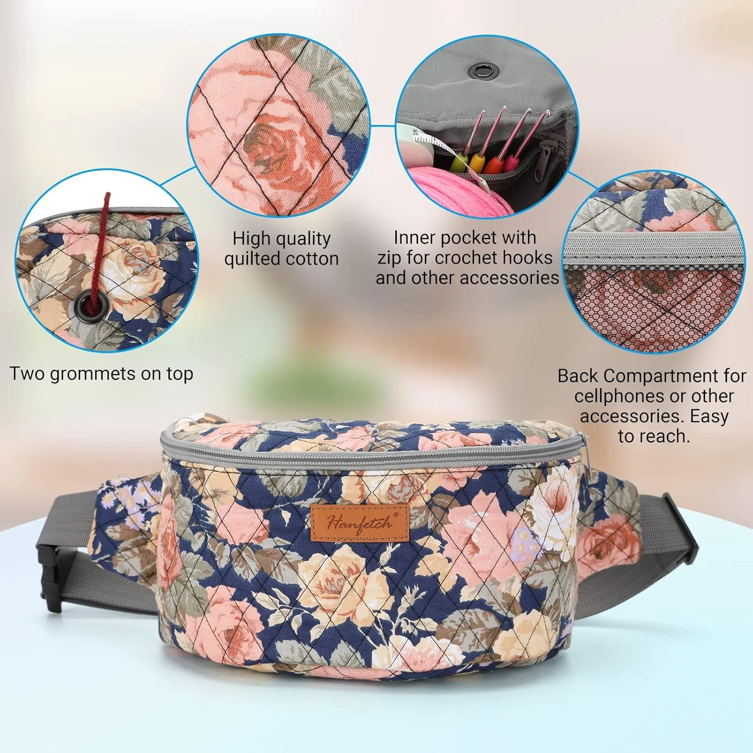 Crossbody Waist Bag - Small Yarn Storage Organizer for Skeins, Crochet Hooks & Accessories (Peony)