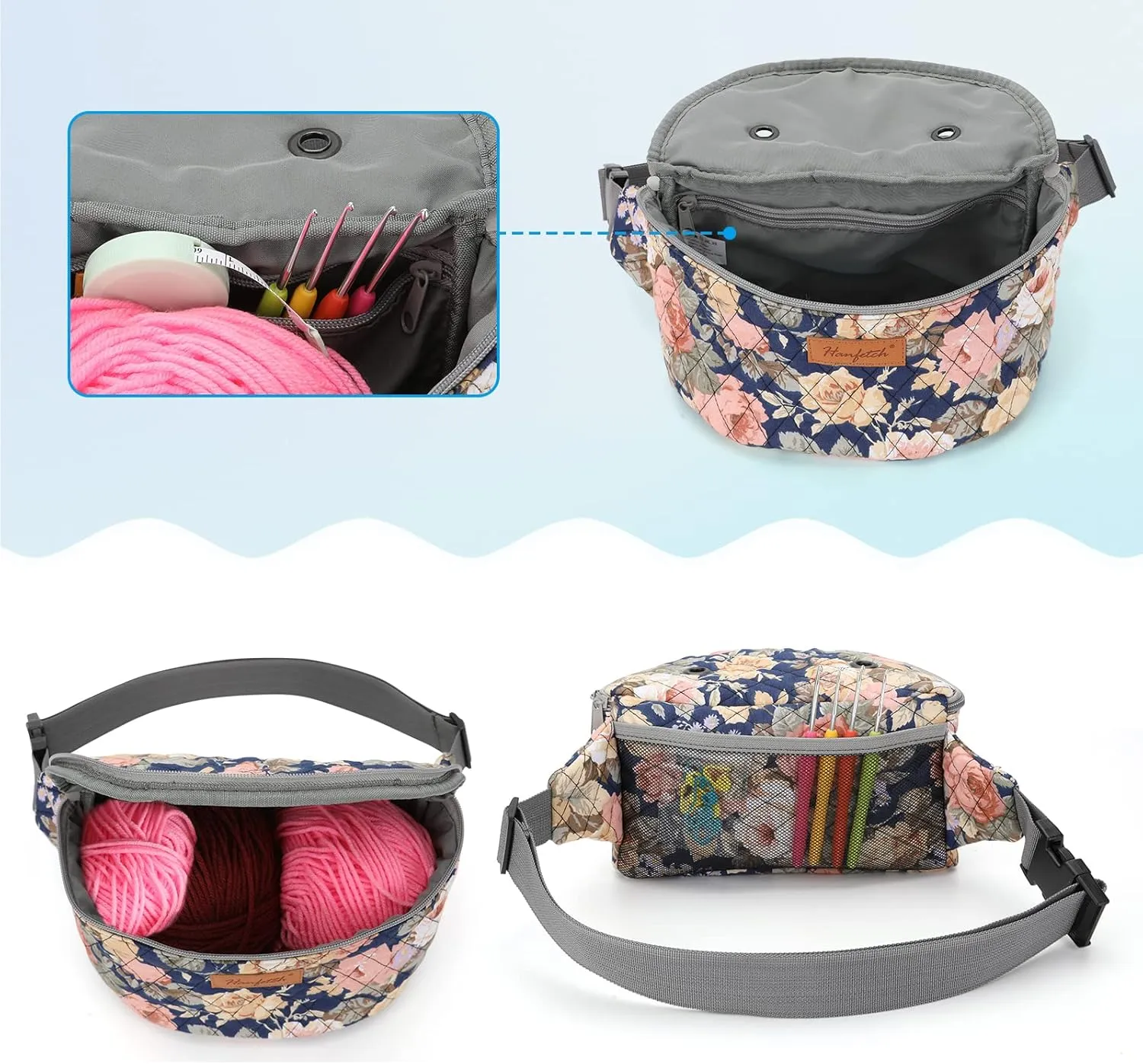 Crossbody Waist Bag - Small Yarn Storage Organizer for Skeins, Crochet Hooks & Accessories (Peony)