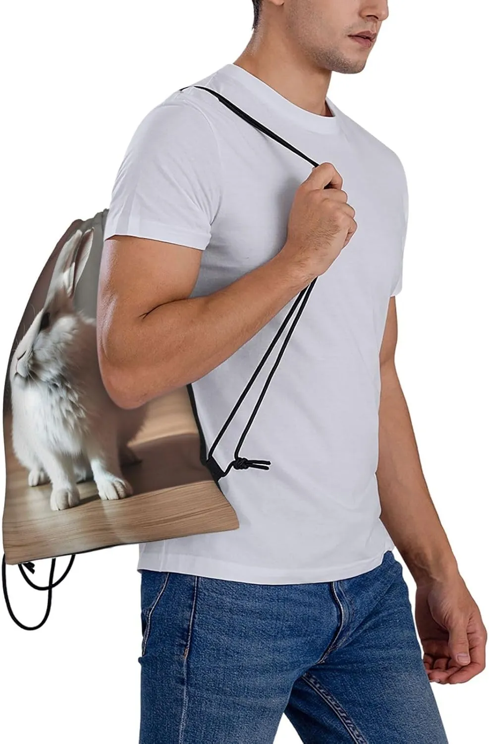 cry white rabbit Print Sports Drawstring Backpack,Water Resistant Bag, Gym Backpack for Women Men