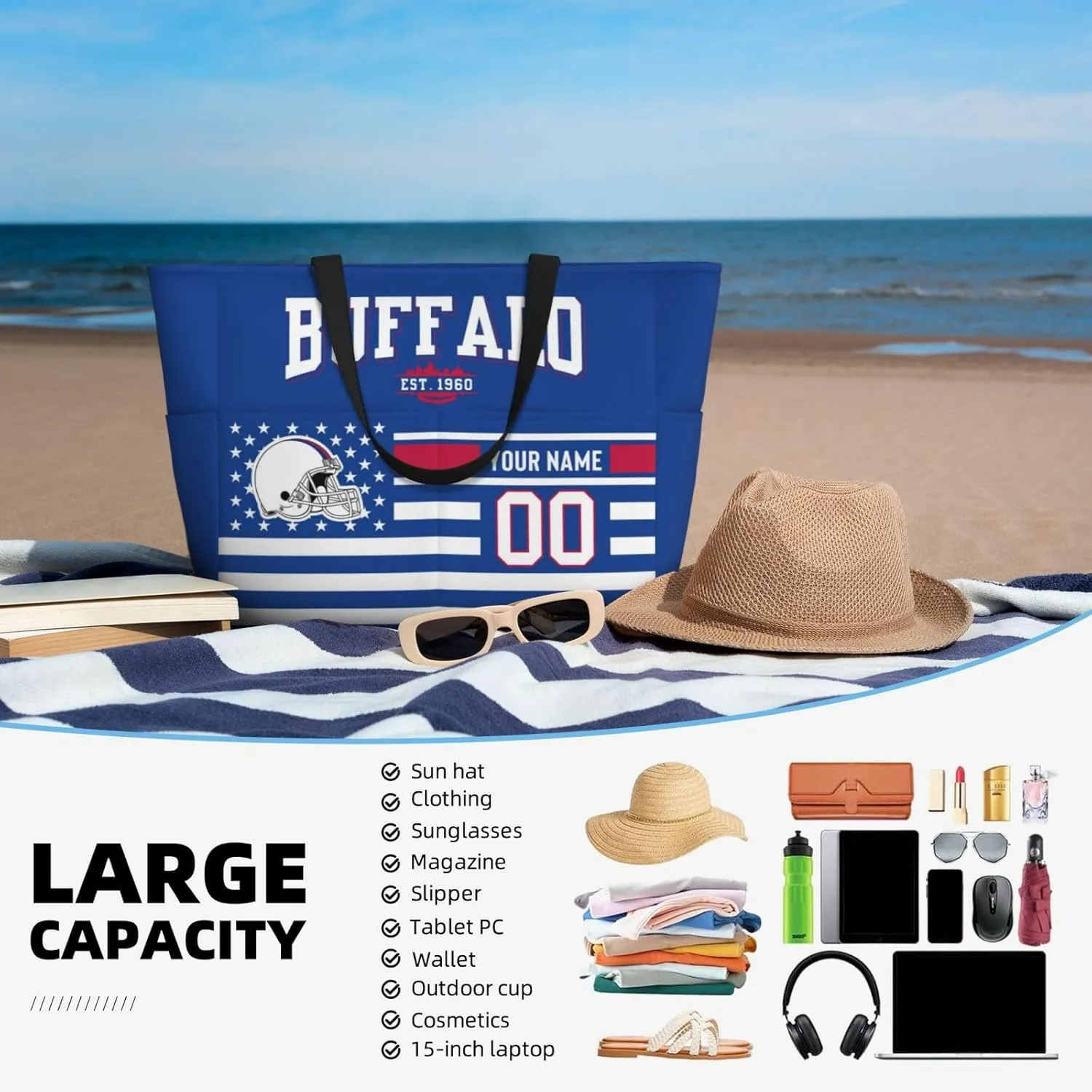 Custom Beach Bag Custom Football Style Large Beach Tote Bag Personalized Add Your Name and Number Shoulder Bag