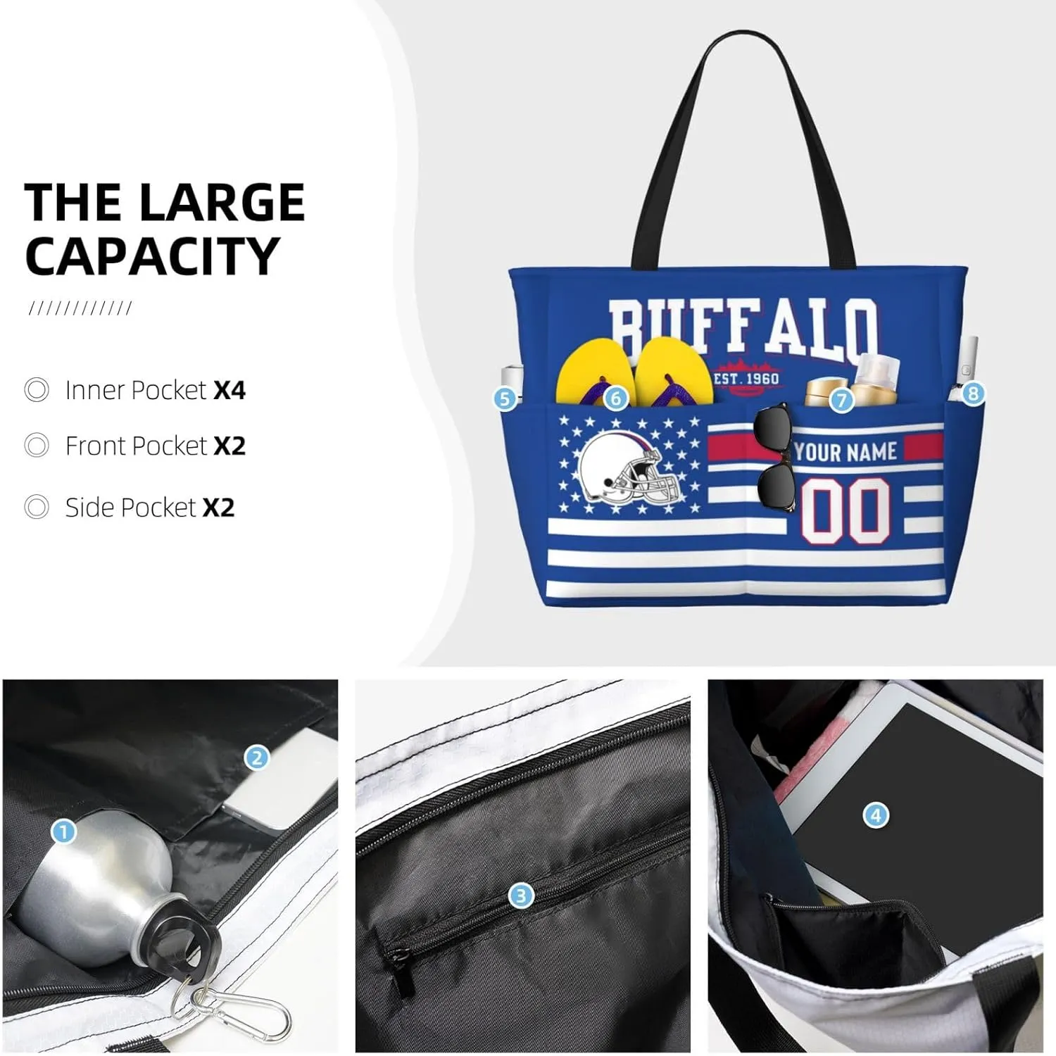 Custom Beach Bag Custom Football Style Large Beach Tote Bag Personalized Add Your Name and Number Shoulder Bag