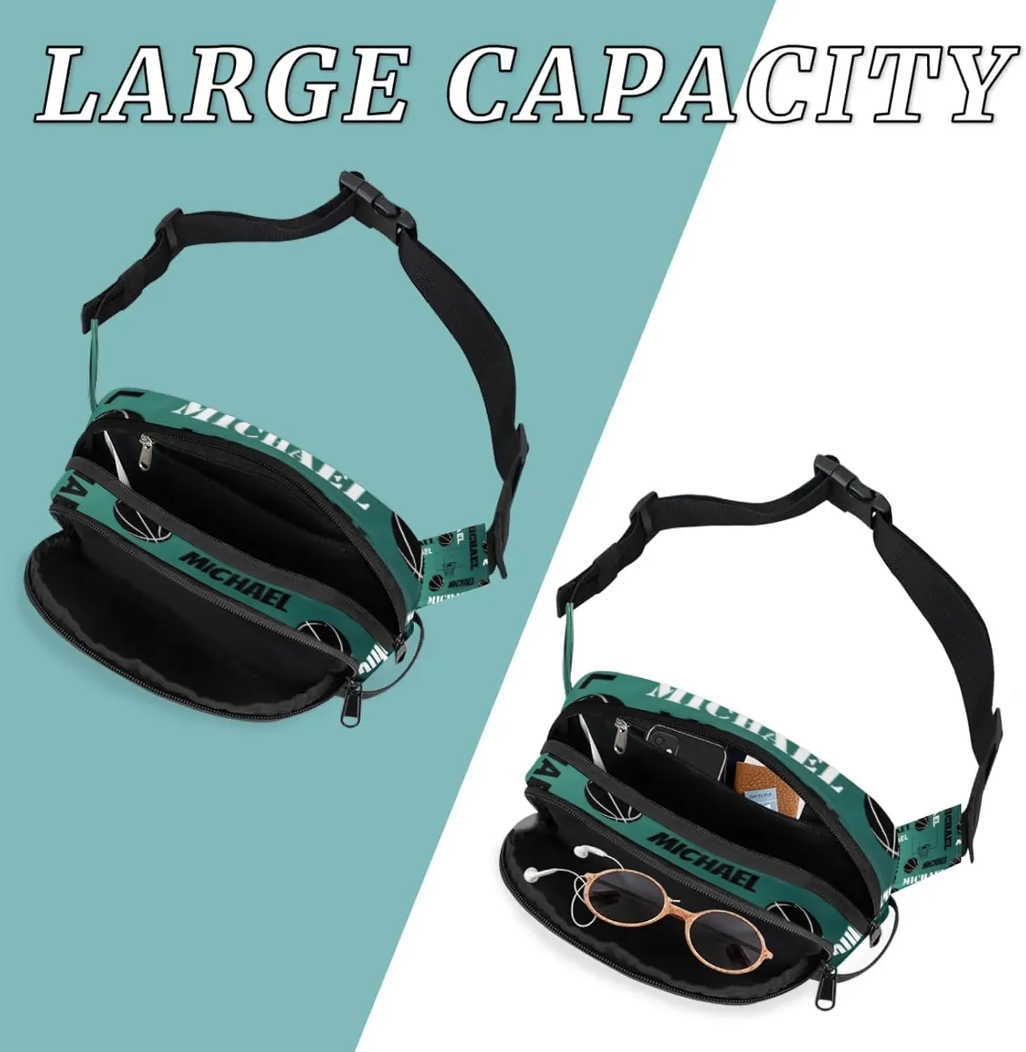Custom Name Basketball Waist Packs for Women Men, Personalized Belt Bag Crossbody Fanny Pack with Adjustable Strap for Sports Workout Hiking, Dark Green Blue