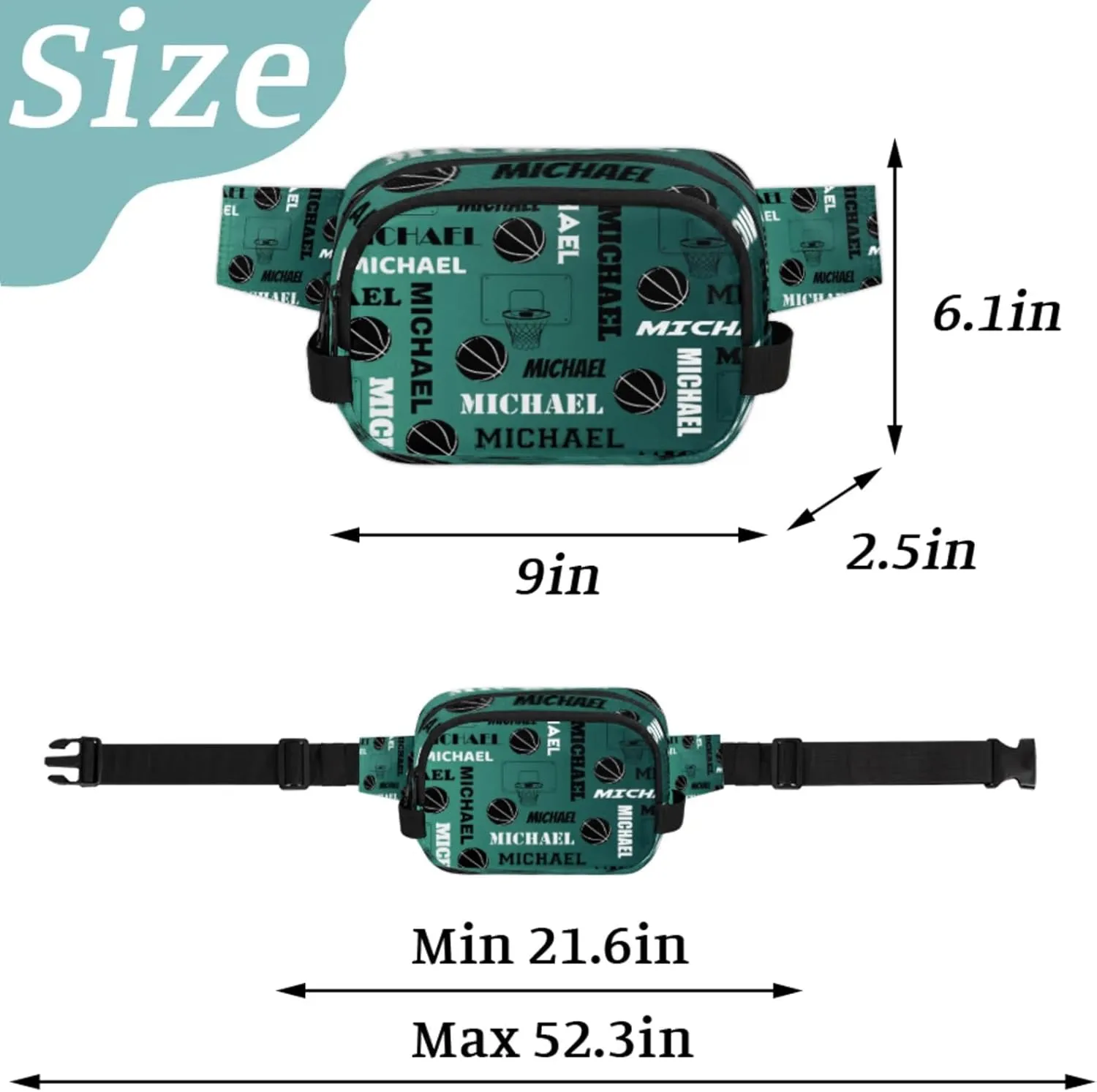 Custom Name Basketball Waist Packs for Women Men, Personalized Belt Bag Crossbody Fanny Pack with Adjustable Strap for Sports Workout Hiking, Dark Green Blue
