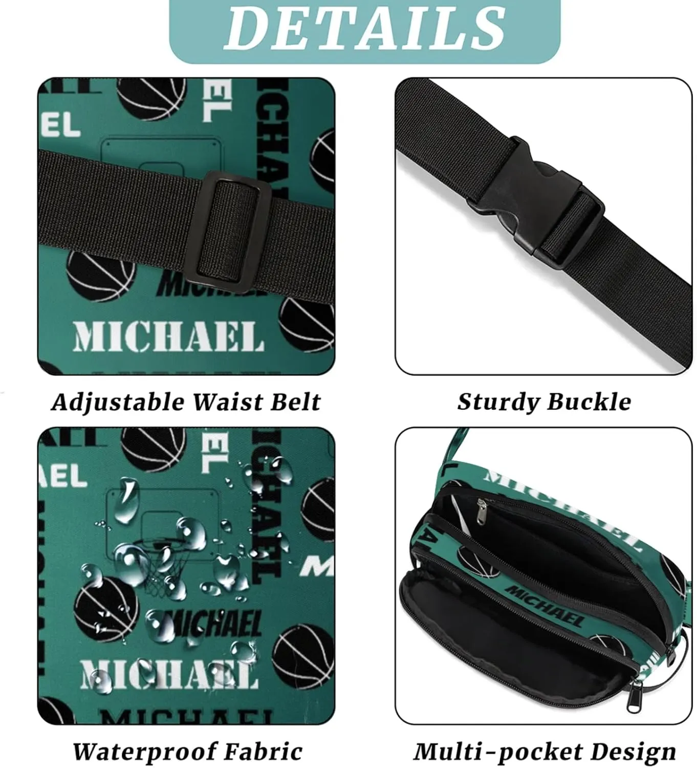 Custom Name Basketball Waist Packs for Women Men, Personalized Belt Bag Crossbody Fanny Pack with Adjustable Strap for Sports Workout Hiking, Dark Green Blue