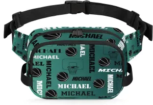 Custom Name Basketball Waist Packs for Women Men, Personalized Belt Bag Crossbody Fanny Pack with Adjustable Strap for Sports Workout Hiking, Dark Green Blue