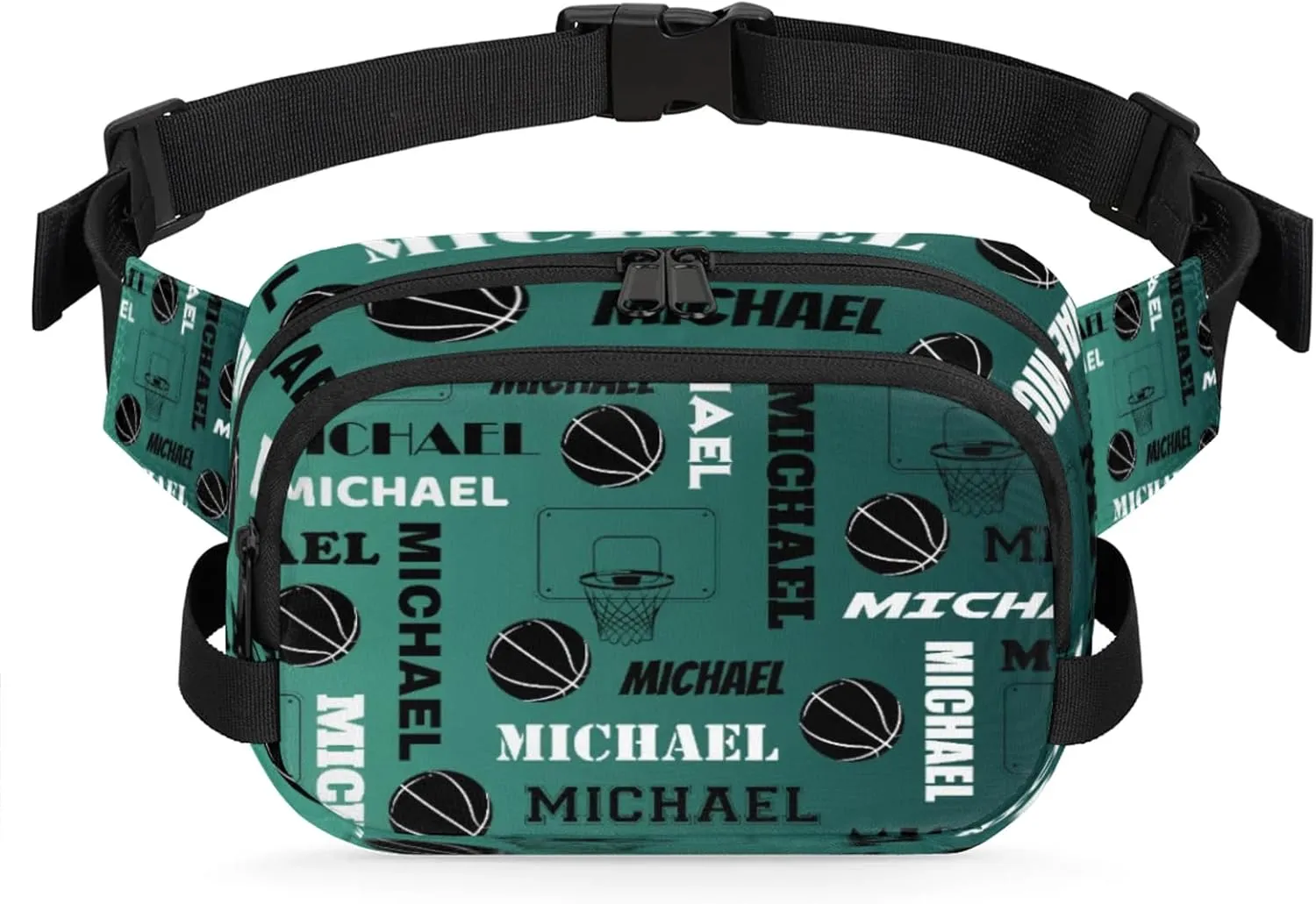 Custom Name Basketball Waist Packs for Women Men, Personalized Belt Bag Crossbody Fanny Pack with Adjustable Strap for Sports Workout Hiking, Dark Green Blue