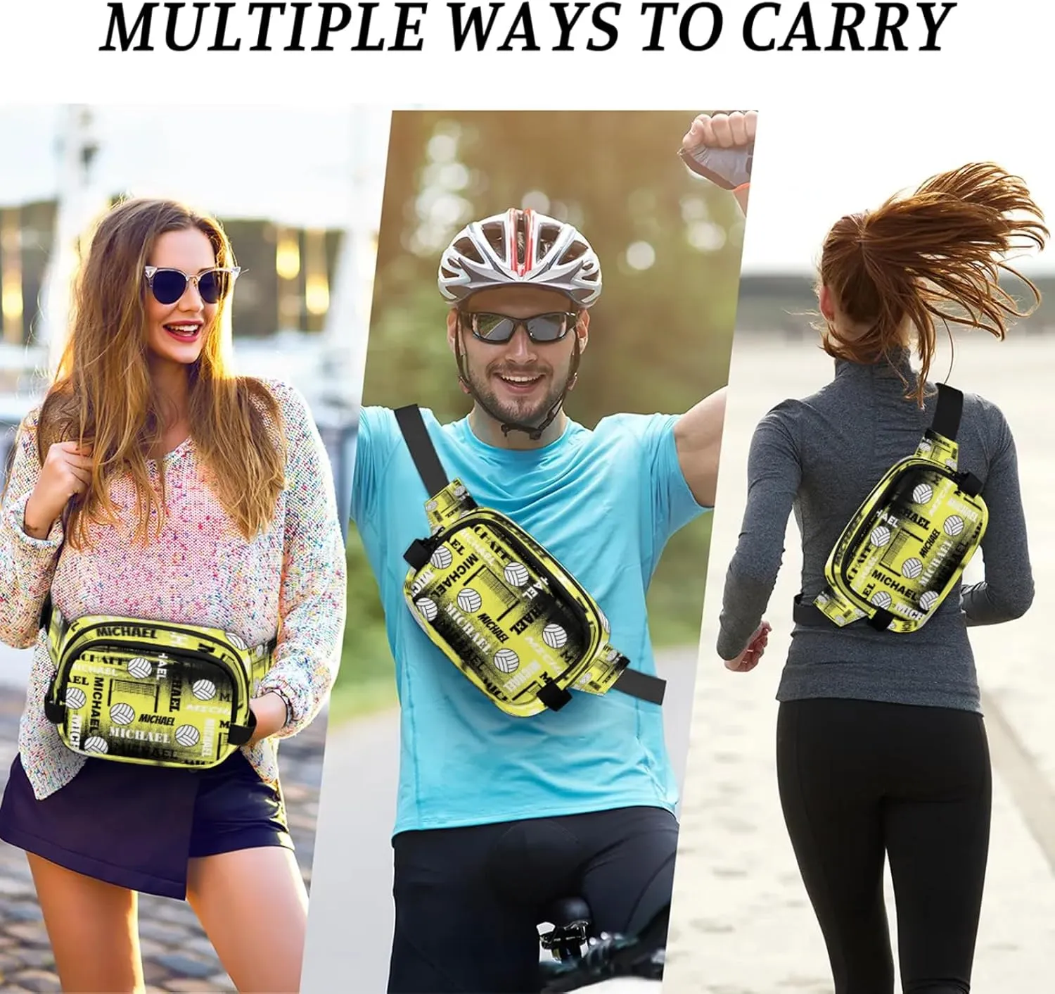 Custom Name Volleyball Waist Packs for Women Men, Personalized Belt Bag Crossbody Fanny Pack with Adjustable Strap for Sports Workout Traveling, Yellow Black