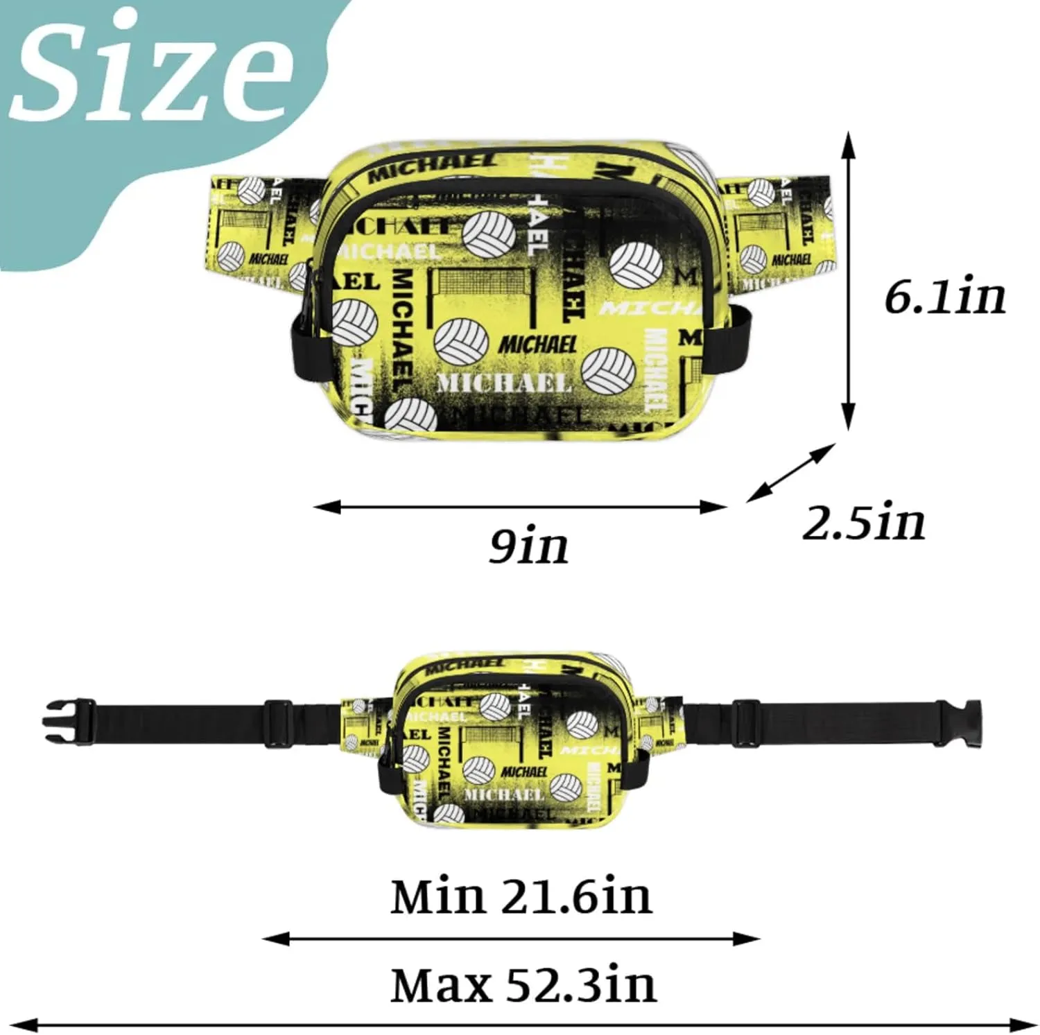 Custom Name Volleyball Waist Packs for Women Men, Personalized Belt Bag Crossbody Fanny Pack with Adjustable Strap for Sports Workout Traveling, Yellow Black