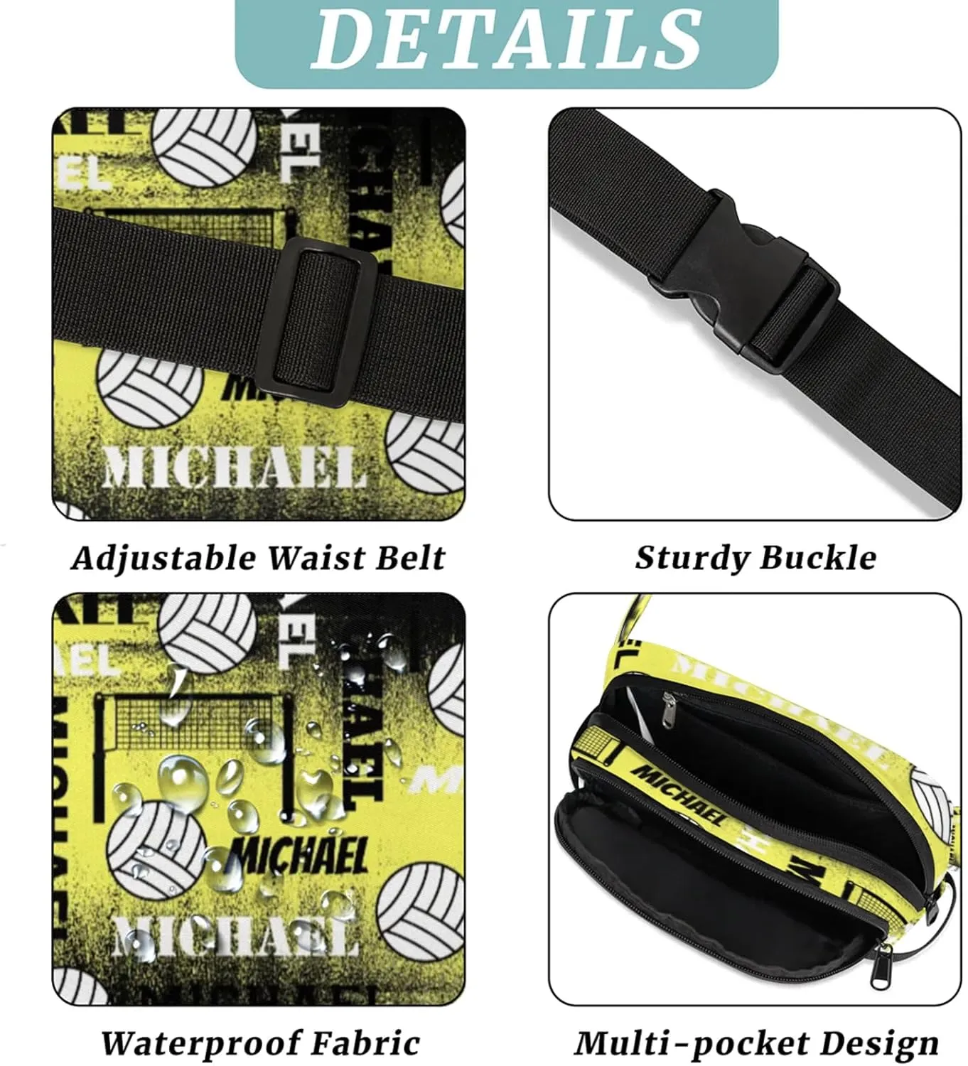 Custom Name Volleyball Waist Packs for Women Men, Personalized Belt Bag Crossbody Fanny Pack with Adjustable Strap for Sports Workout Traveling, Yellow Black