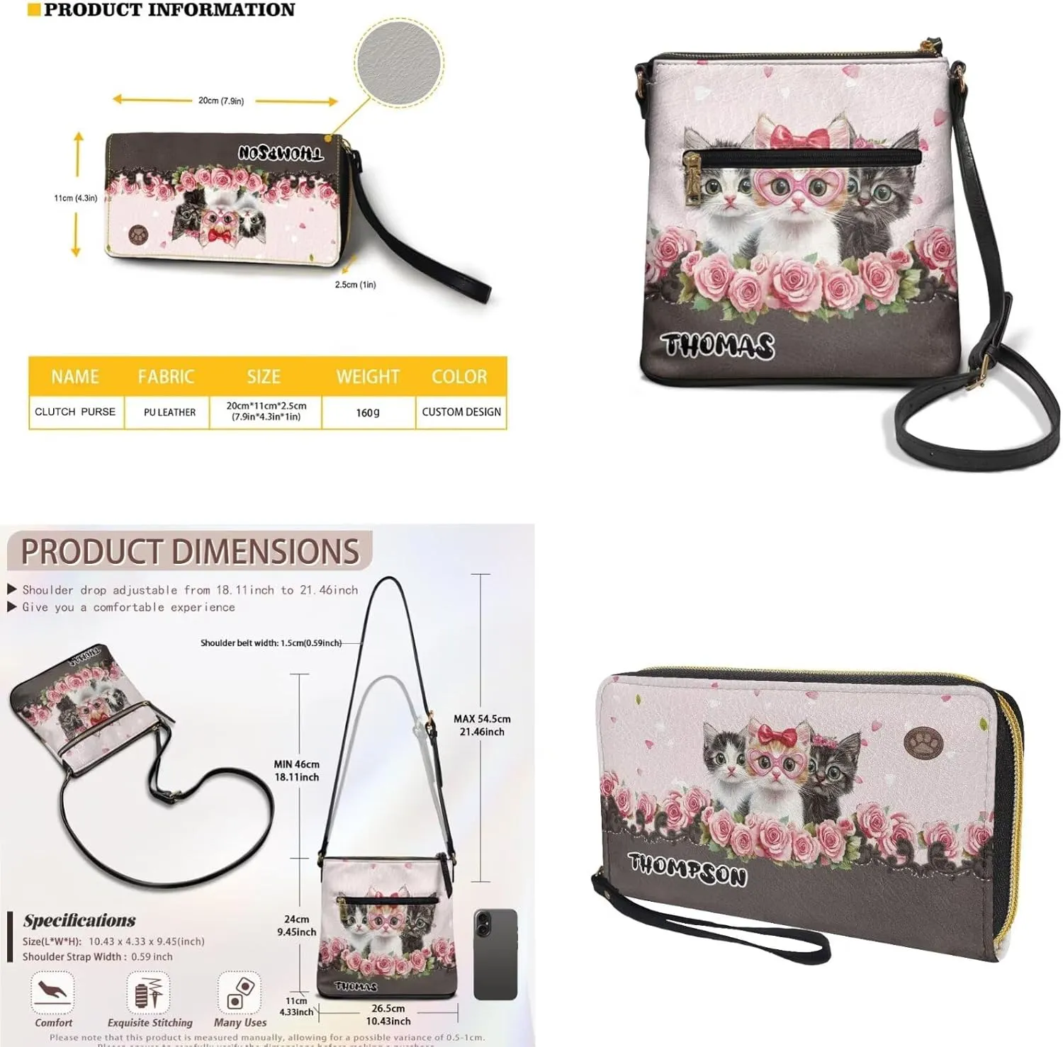 Customized Womens Crossbody Bag with Purse Brown Shoulder Purse and Wallet Set for Shopping Walking