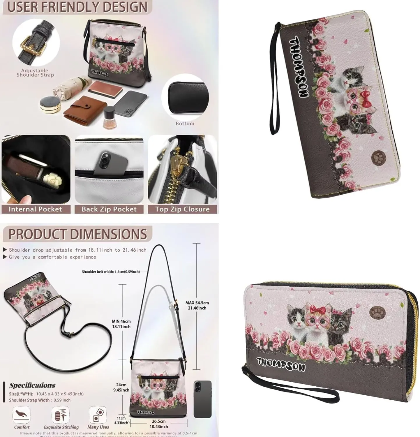 Customized Womens Crossbody Bag with Purse Brown Shoulder Purse and Wallet Set for Shopping Walking