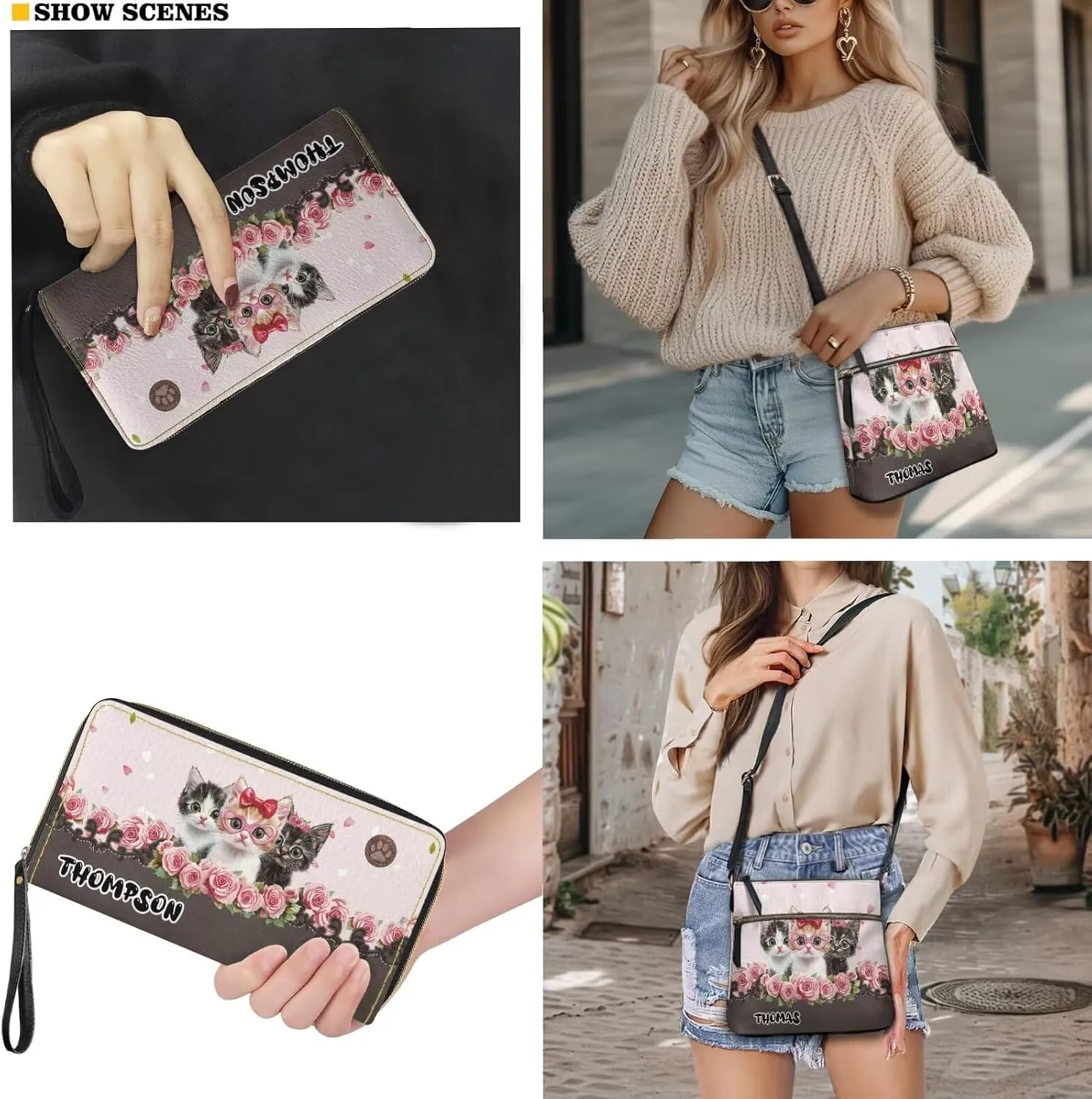 Customized Womens Crossbody Bag with Purse Brown Shoulder Purse and Wallet Set for Shopping Walking
