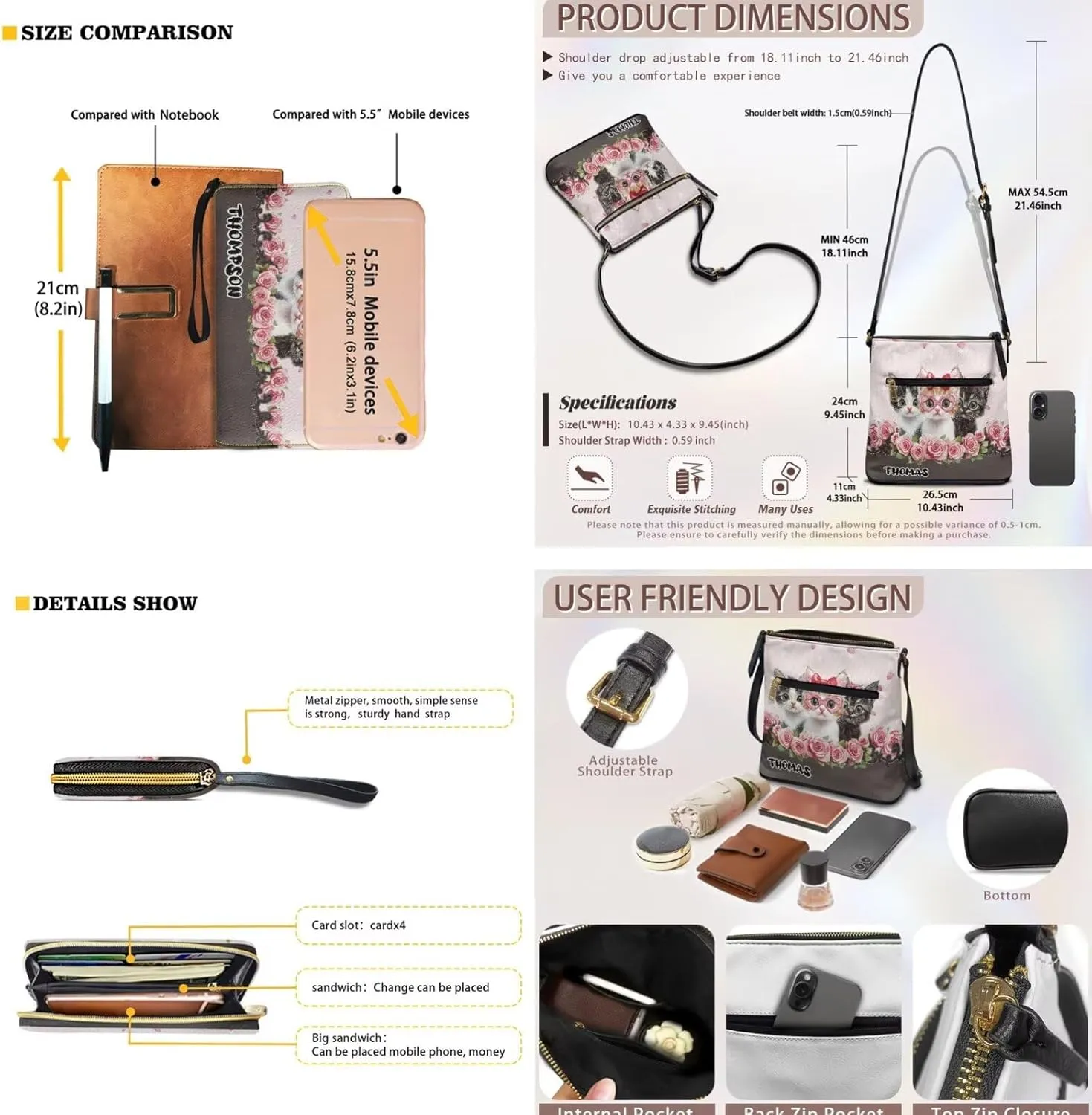 Customized Womens Crossbody Bag with Purse Brown Shoulder Purse and Wallet Set for Shopping Walking