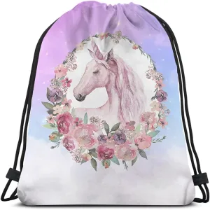 Cute Cartoon Unicorn Drawstring Bags Backpack Bag Animal In Garland Universe Stars Starry Colorful Summer Flowers Rose Sport Gym Sack Drawstring Bag String Bag Yoga Bag for Men Women