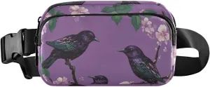 Cute European Starling Birds Purple Trendy Waist Bag Fanny Pack for Women Men Water Resistant Crossbody Sport Bag with Adjustable Strap for Workout Running Hiking