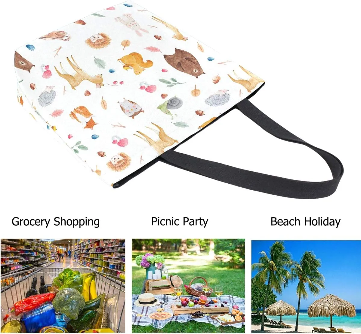 Cute Forests Animal Deer Squirrel Fox Bear Owl Hedgehog Extra Large Canvas Market Beach Travel Reusable Grocery Shopping Tote Bag Portable Storage HandBags