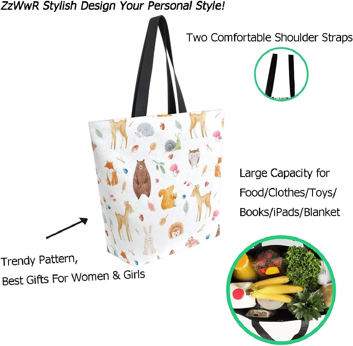 Cute Forests Animal Deer Squirrel Fox Bear Owl Hedgehog Extra Large Canvas Market Beach Travel Reusable Grocery Shopping Tote Bag Portable Storage HandBags