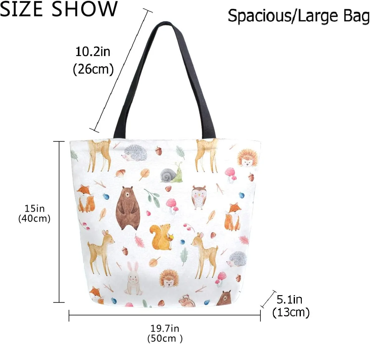 Cute Forests Animal Deer Squirrel Fox Bear Owl Hedgehog Extra Large Canvas Market Beach Travel Reusable Grocery Shopping Tote Bag Portable Storage HandBags