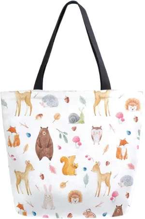 Cute Forests Animal Deer Squirrel Fox Bear Owl Hedgehog Extra Large Canvas Market Beach Travel Reusable Grocery Shopping Tote Bag Portable Storage HandBags