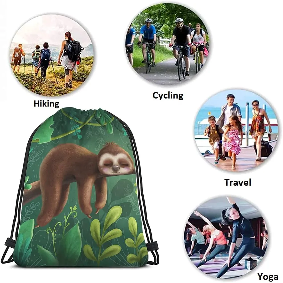 Cute Funny Sloth Drawstring Backpack Bag Relaxing On Tree Branch Animal Cartoon Tropical Jungle Sport Gym Sack Drawstring Bag String Bag Yoga Bag for Men Women