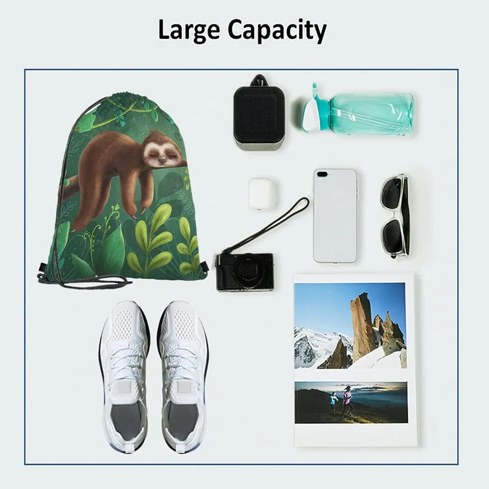 Cute Funny Sloth Drawstring Backpack Bag Relaxing On Tree Branch Animal Cartoon Tropical Jungle Sport Gym Sack Drawstring Bag String Bag Yoga Bag for Men Women