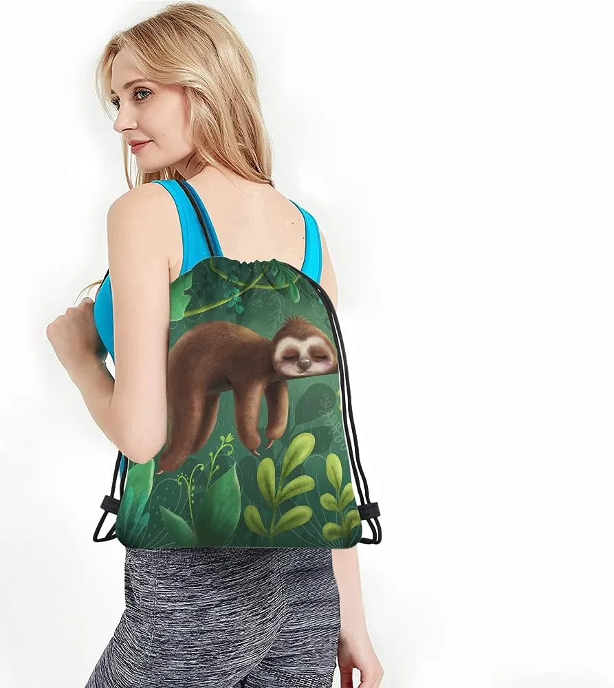 Cute Funny Sloth Drawstring Backpack Bag Relaxing On Tree Branch Animal Cartoon Tropical Jungle Sport Gym Sack Drawstring Bag String Bag Yoga Bag for Men Women
